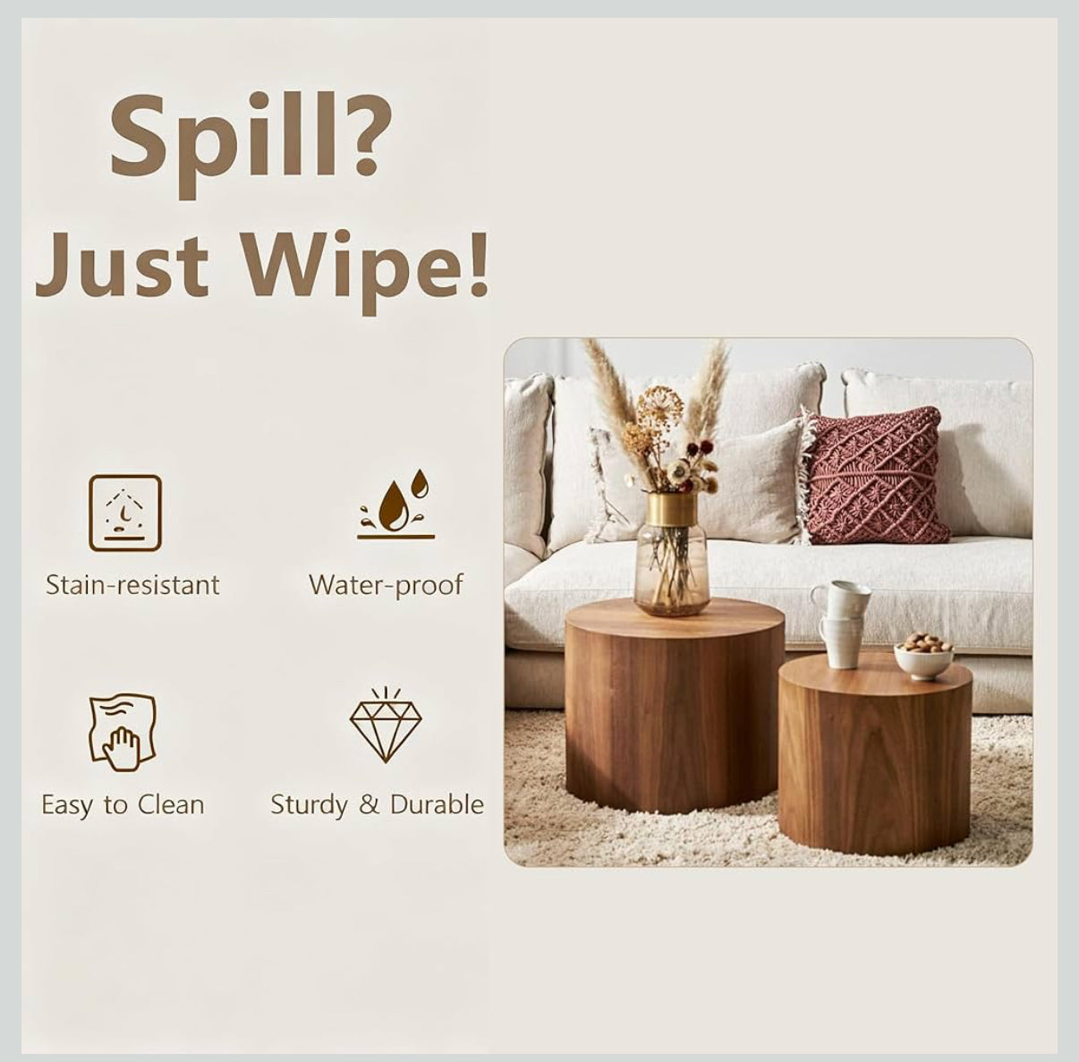 NOVALE Nesting Coffee Table Set of 2 – Walnut Finish | Sculptural Minimal Design