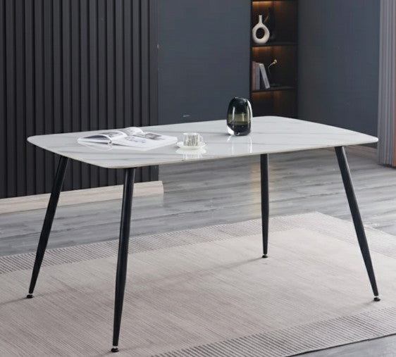 Modern Slate Stone Dining Table – Carrara Marble Look with Carbon Steel Frame