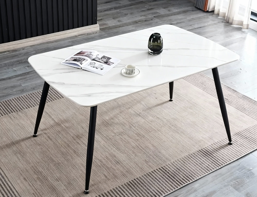 Modern Slate Stone Dining Table – Carrara Marble Look with Carbon Steel Frame