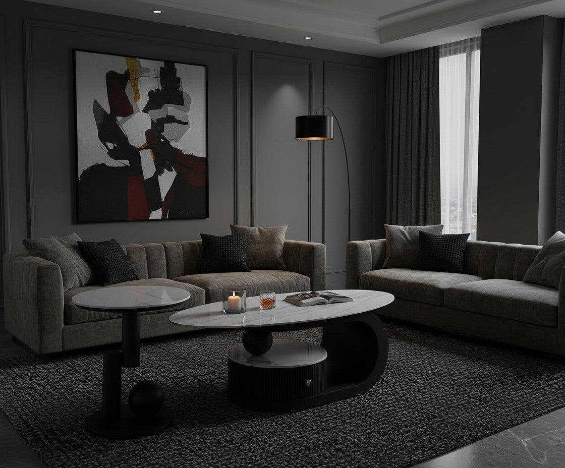 CHANTAL Marble Coffee & Side Table Set – Sculptural Elegance in Carbon Steel