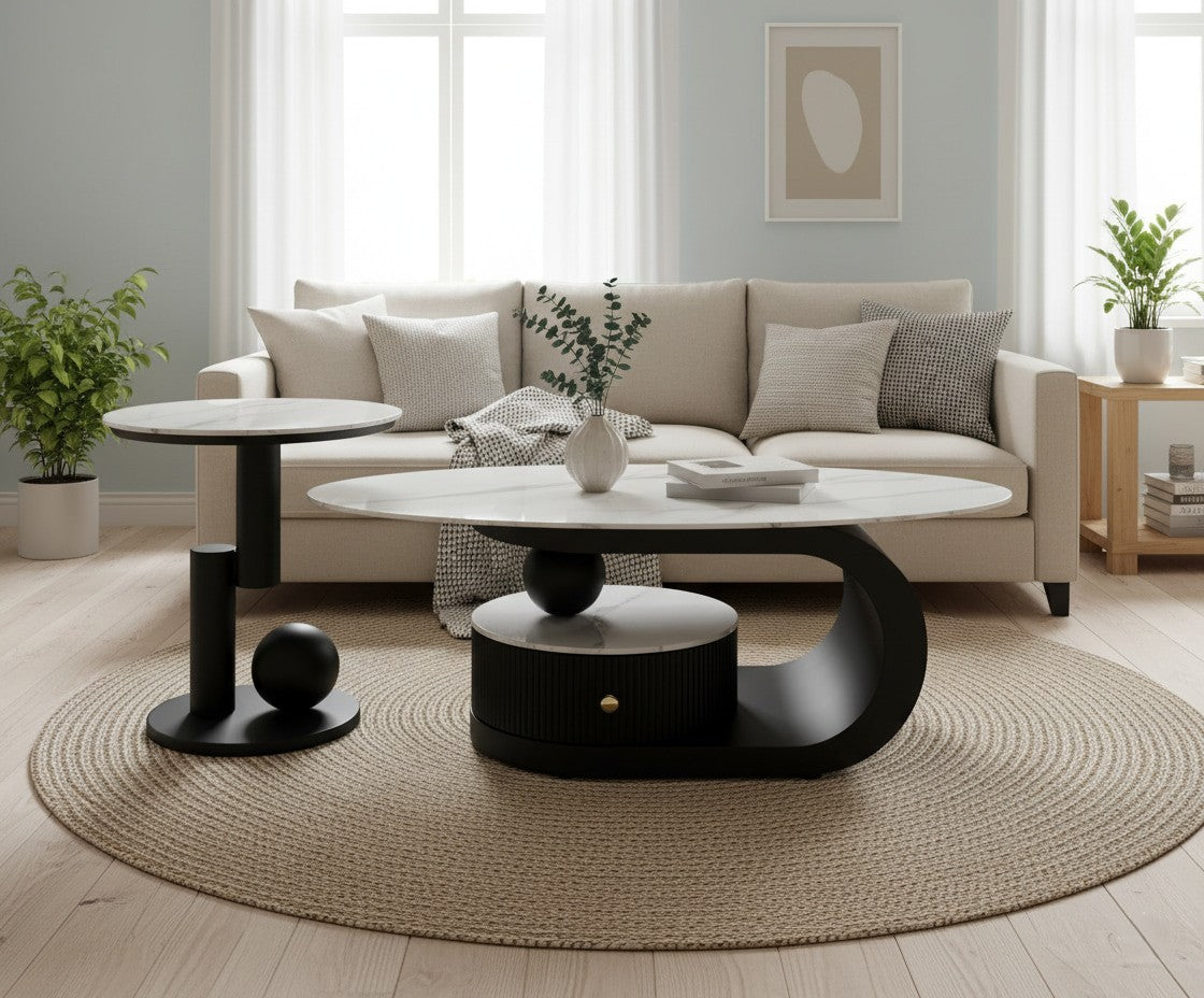 CHANTAL Marble Coffee & Side Table Set – Sculptural Elegance in Carbon Steel