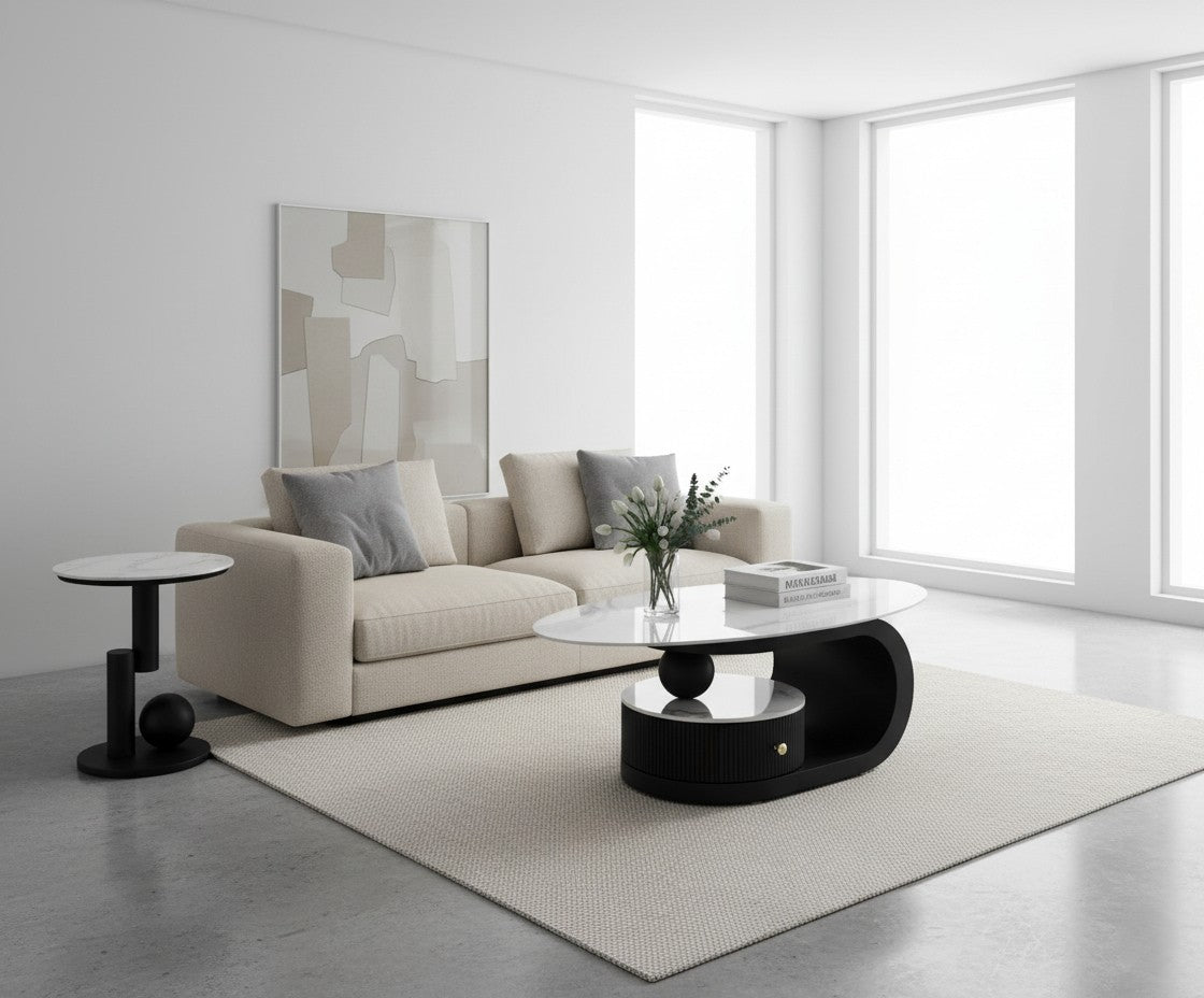 CHANTAL Marble Coffee & Side Table Set – Sculptural Elegance in Carbon Steel