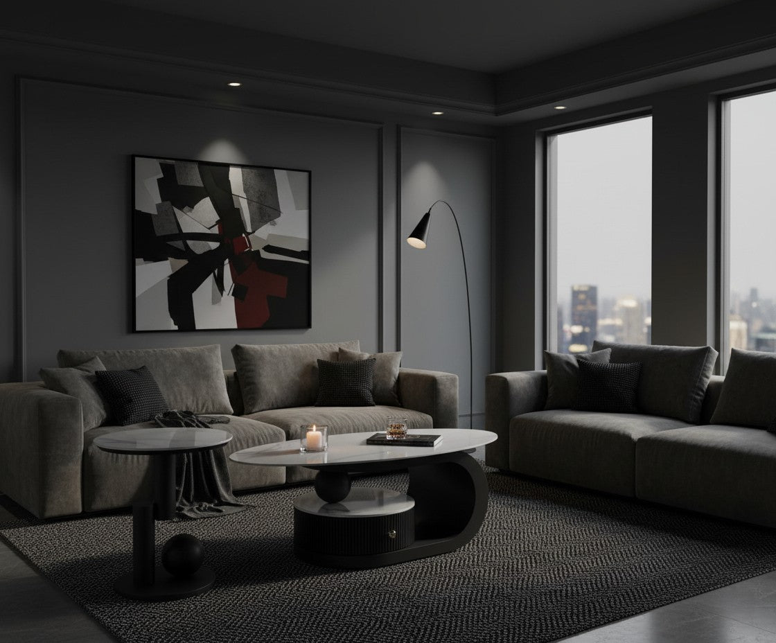 CHANTAL Marble Coffee & Side Table Set – Sculptural Elegance in Carbon Steel