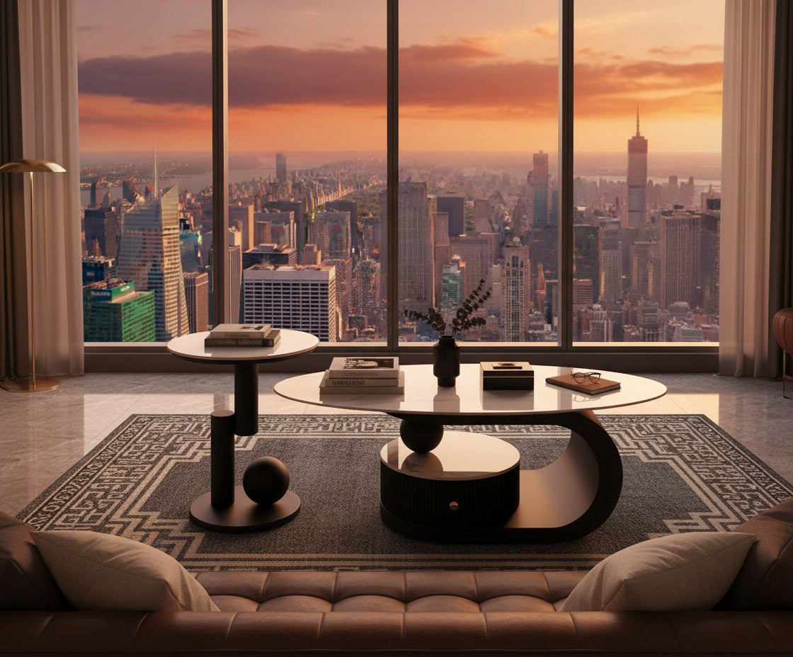 CHANTAL Marble Coffee & Side Table Set – Sculptural Elegance in Carbon Steel