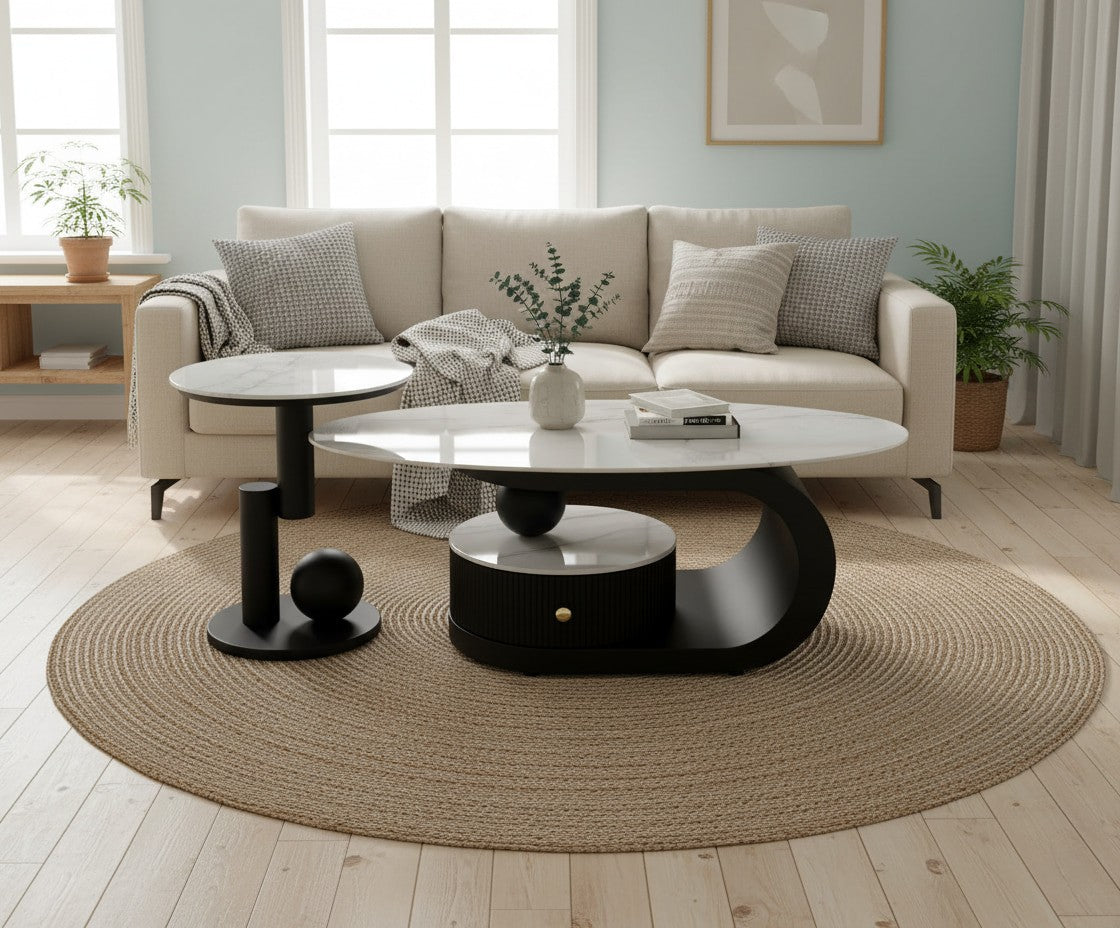 CHANTAL Marble Coffee & Side Table Set – Sculptural Elegance in Carbon Steel