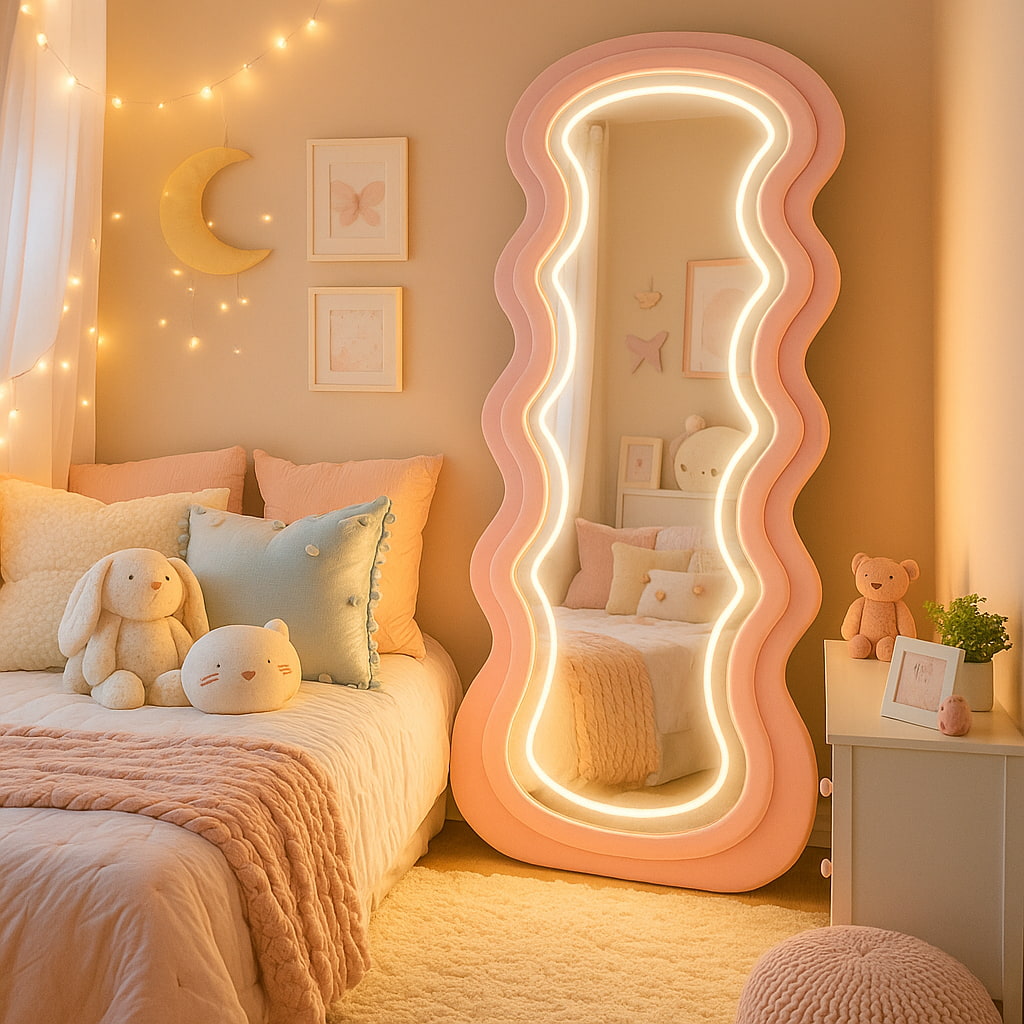Diva Glow Wavy LED Standing Mirror – Pink