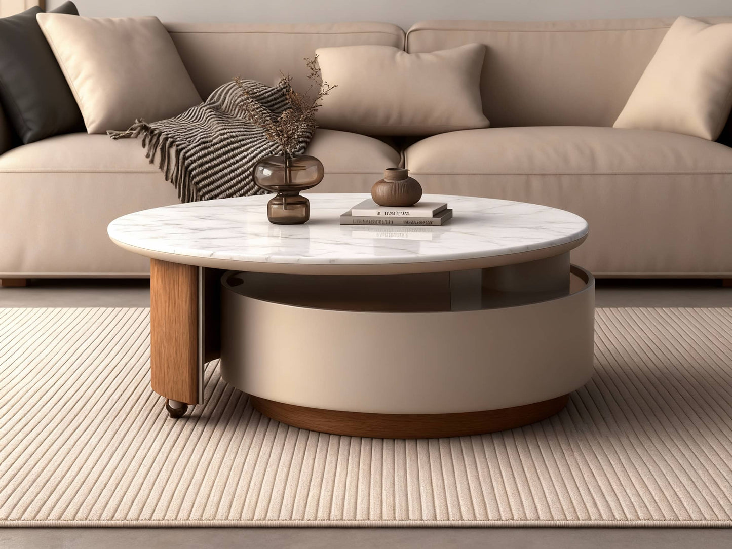 DUNES Round Marble Coffee Table with Hidden Storage – Modern Luxury Living Room Furniture