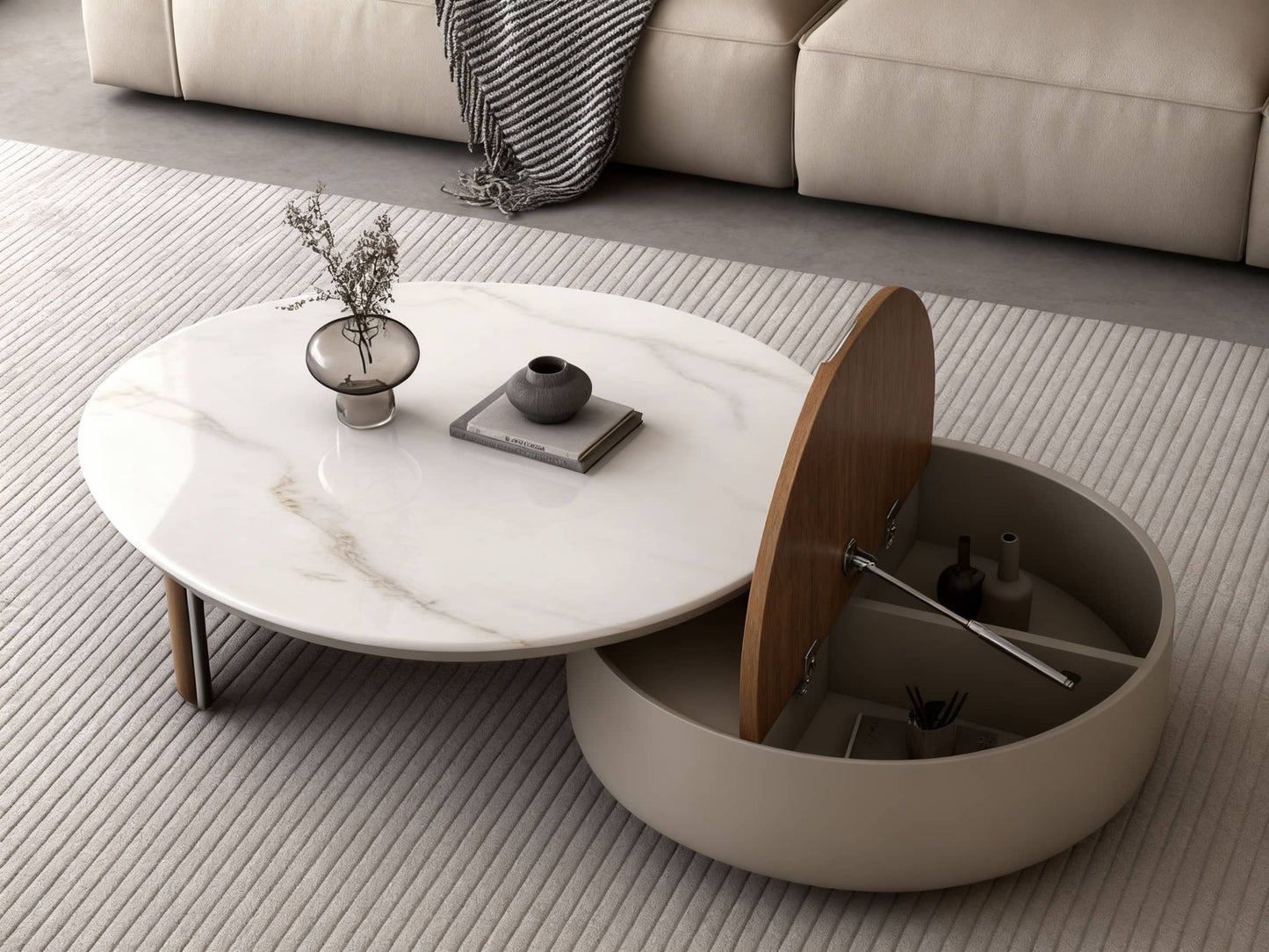 DUNES Round Marble Coffee Table with Hidden Storage – Modern Luxury Living Room Furniture