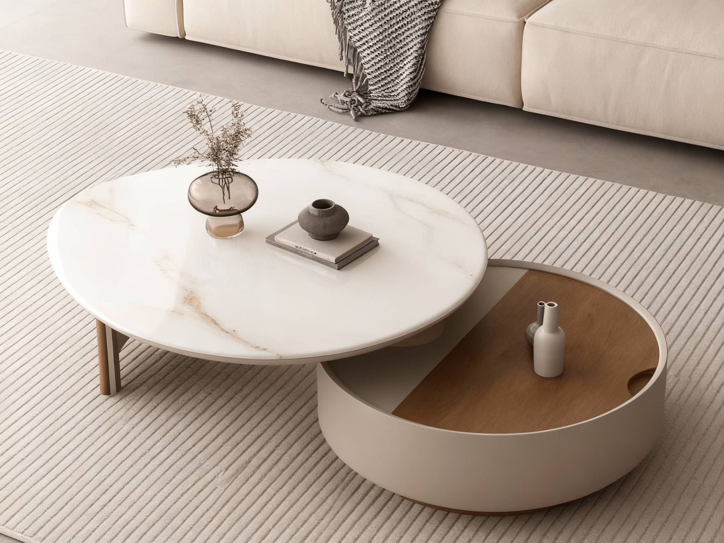 DUNES Round Marble Coffee Table with Hidden Storage – Modern Luxury Living Room Furniture