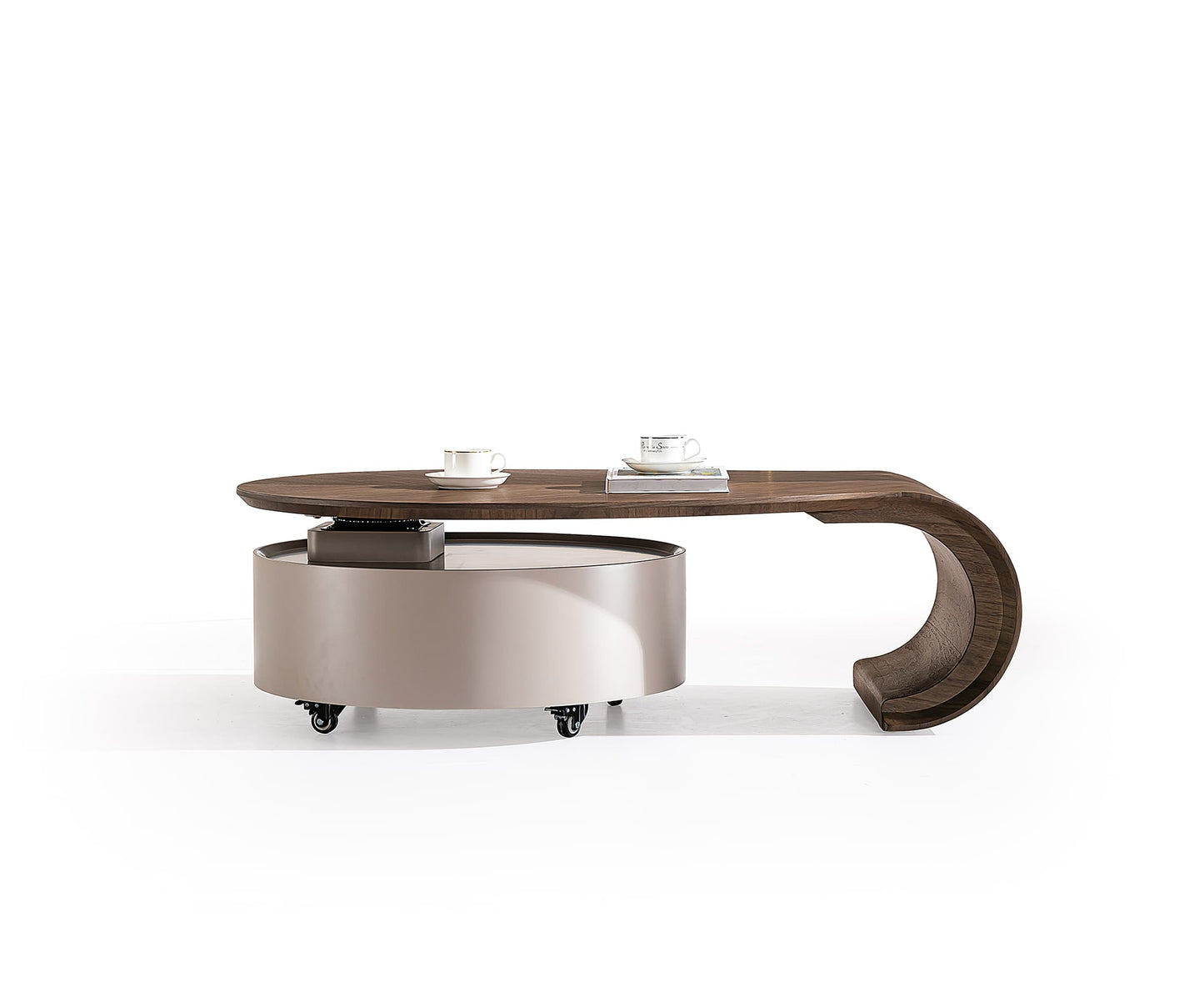 ÉCLAIR Modern Coffee Table with Hidden Storage – Curved Wood Design & Rolling Base