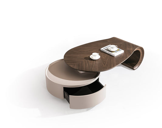 ÉCLAIR Modern Coffee Table with Hidden Storage – Curved Wood Design & Rolling Base