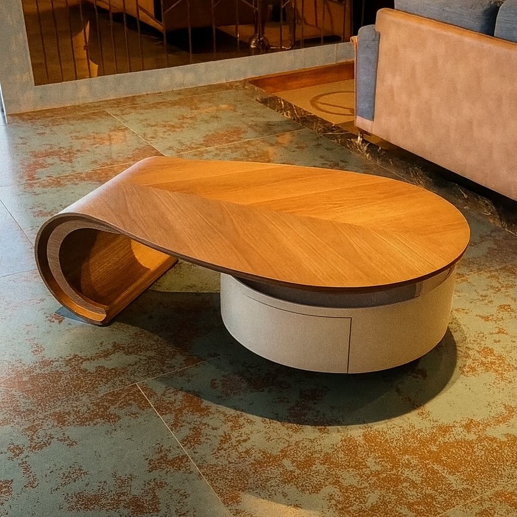 ÉCLAIR Modern Coffee Table with Hidden Storage – Curved Wood Design & Rolling Base