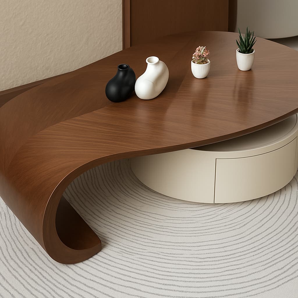 ÉCLAIR Modern Coffee Table with Hidden Storage – Curved Wood Design & Rolling Base