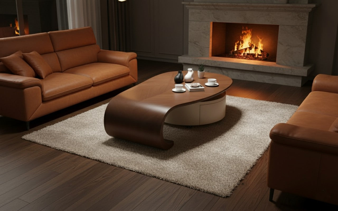 ÉCLAIR Modern Coffee Table with Hidden Storage – Curved Wood Design & Rolling Base