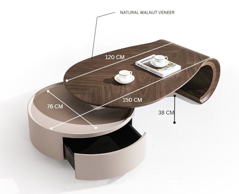ÉCLAIR Modern Coffee Table with Hidden Storage – Curved Wood Design & Rolling Base