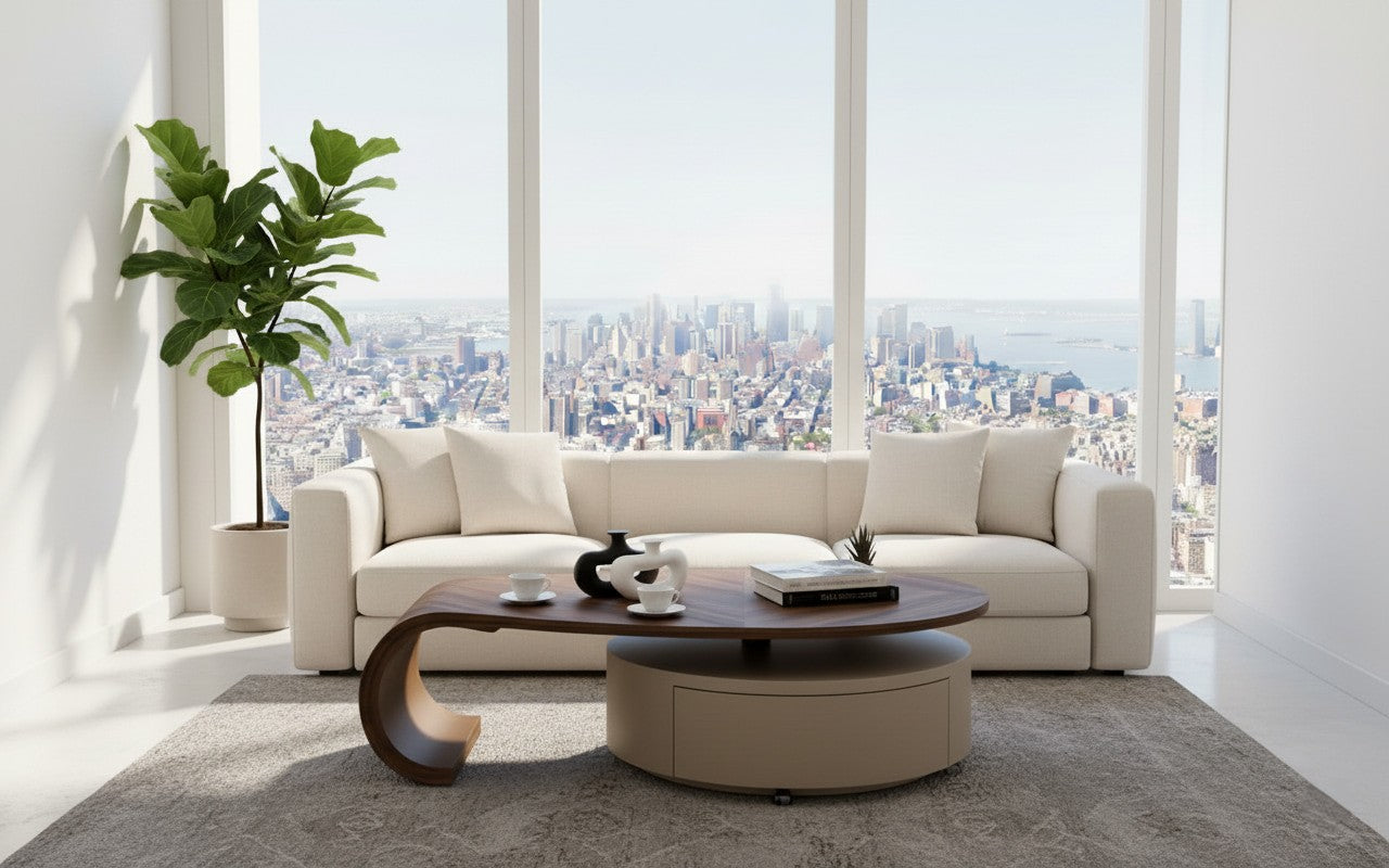 ÉCLAIR Modern Coffee Table with Hidden Storage – Curved Wood Design & Rolling Base