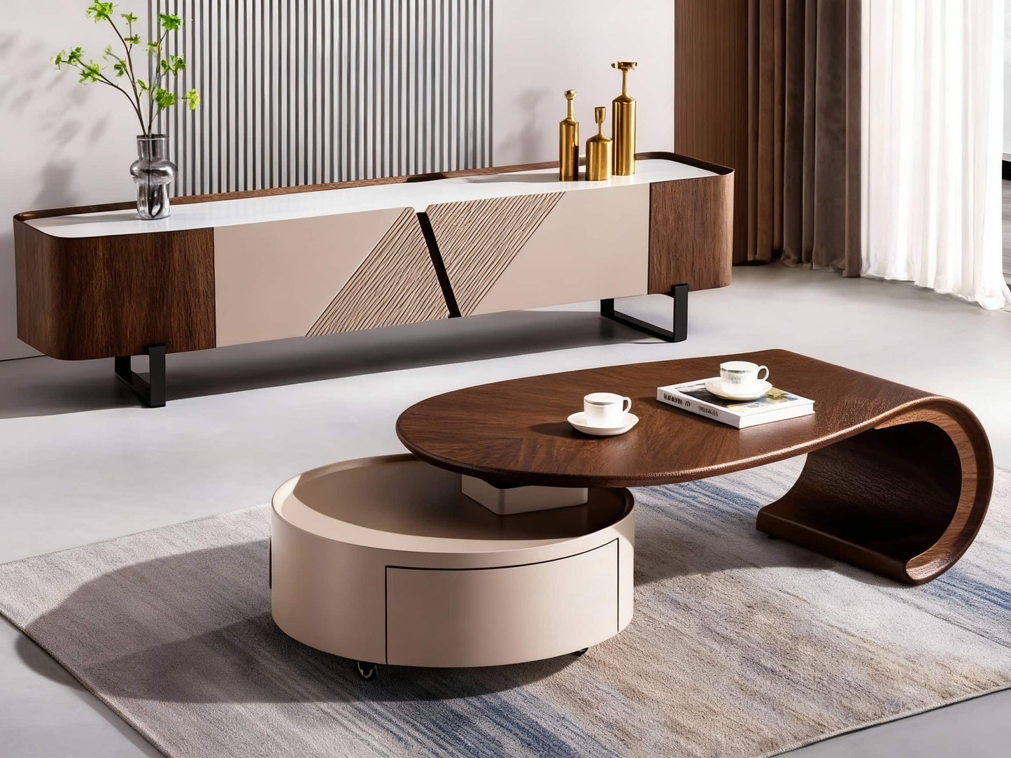 ÉCLAIR Modern Coffee Table with Hidden Storage – Curved Wood Design & Rolling Base
