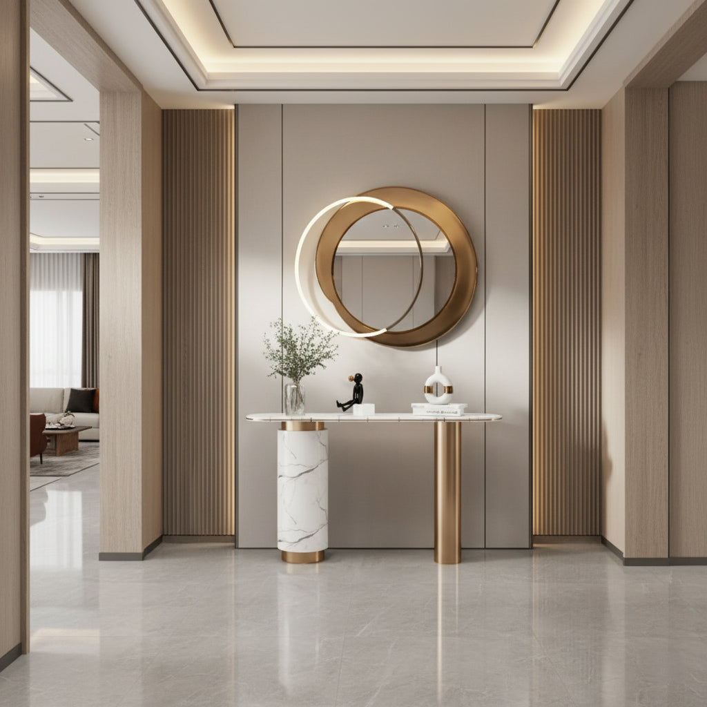 IRIS Console Table – Marble Elegance with Golden Accents