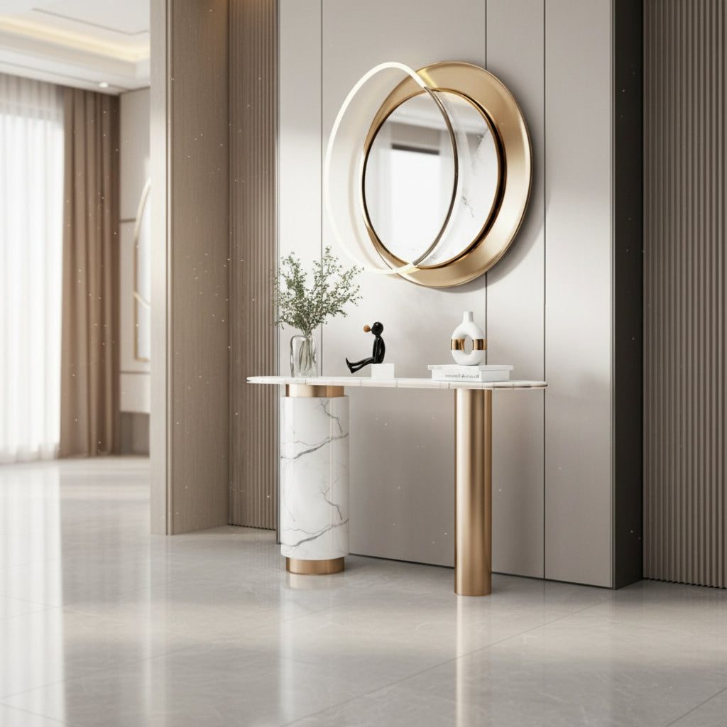 IRIS Console Table – Marble Elegance with Golden Accents