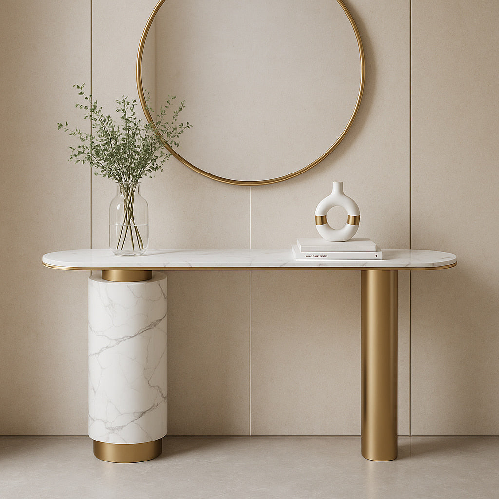 IRIS Console Table – Marble Elegance with Golden Accents