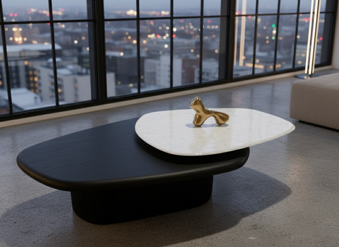 LENOIR Dual-Layer Coffee Table – Marble Stone Top with Black Wood Base