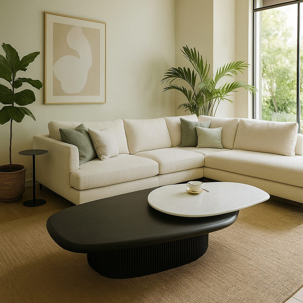 LENOIR Dual-Layer Coffee Table – Marble Stone Top with Black Wood Base