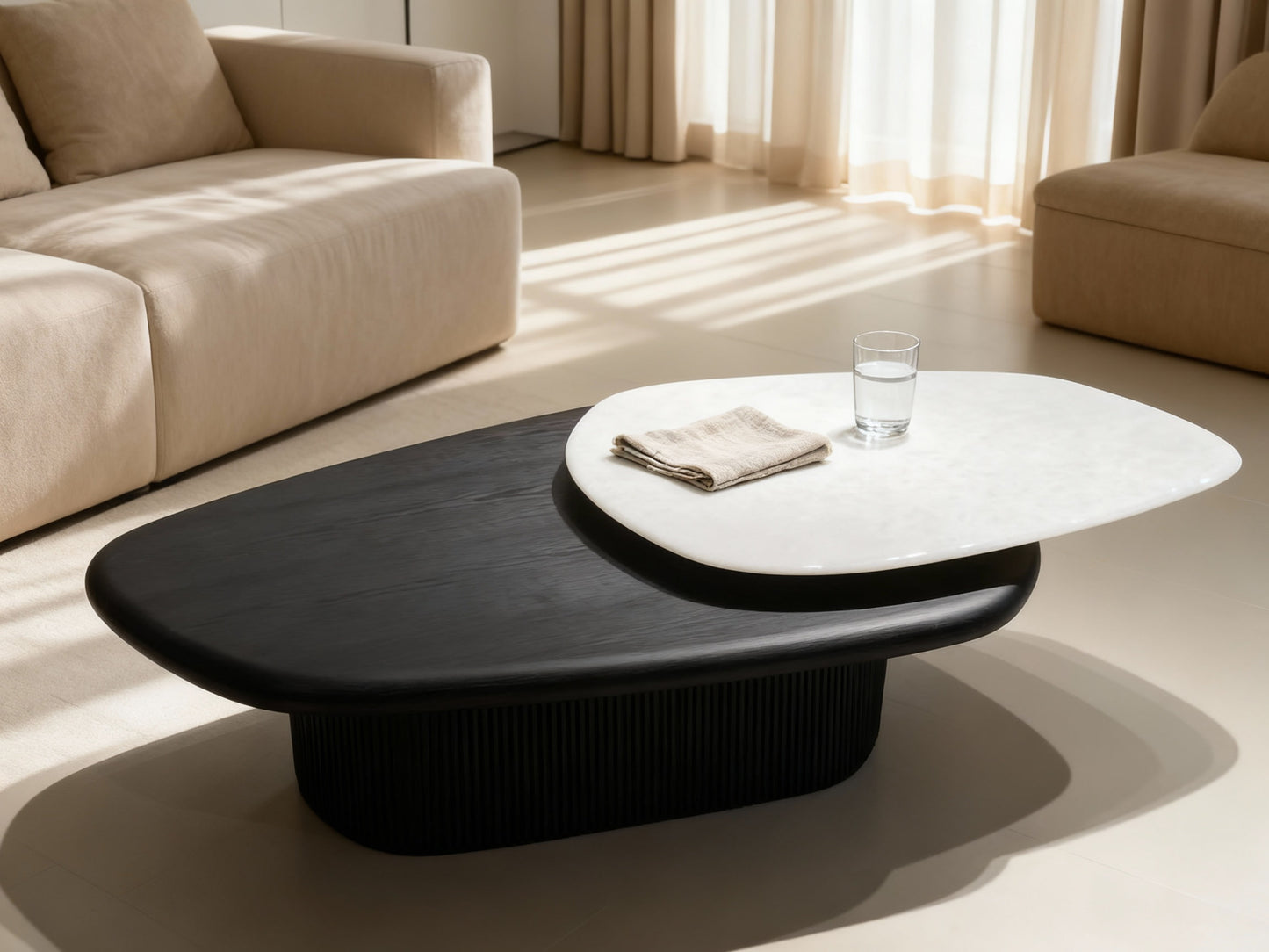 LENOIR Dual-Layer Coffee Table – Marble Stone Top with Black Wood Base