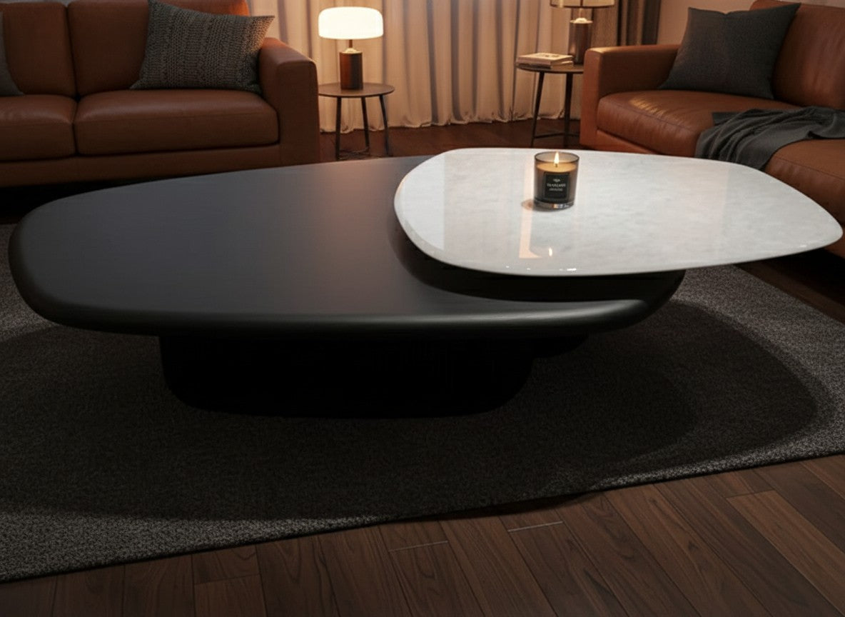 LENOIR Dual-Layer Coffee Table – Marble Stone Top with Black Wood Base