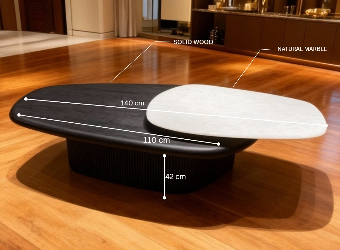 LENOIR Dual-Layer Coffee Table – Marble Stone Top with Black Wood Base