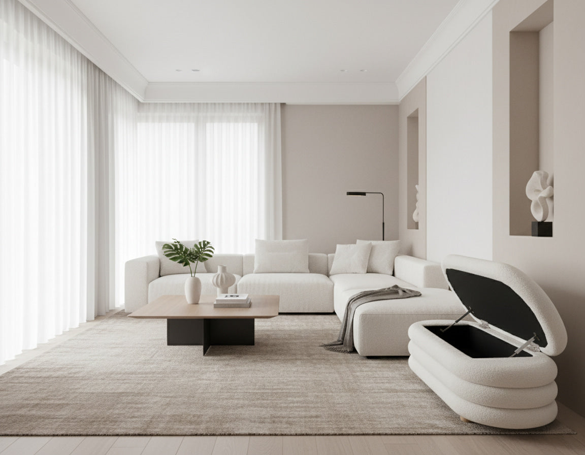 LOUVRE Bouclé Luxe Ottoman Bench – Modern Elegance with Hidden Storage