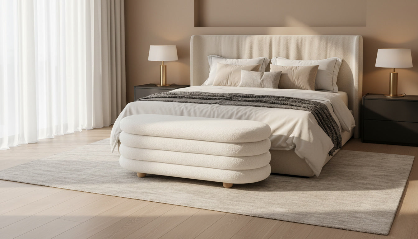 LOUVRE Bouclé Luxe Ottoman Bench – Modern Elegance with Hidden Storage
