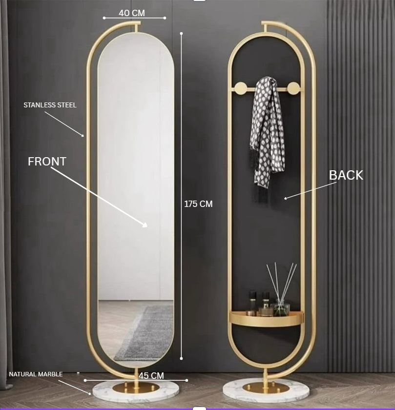 LUNA Standing Mirror with Gold Frame & natural marble base