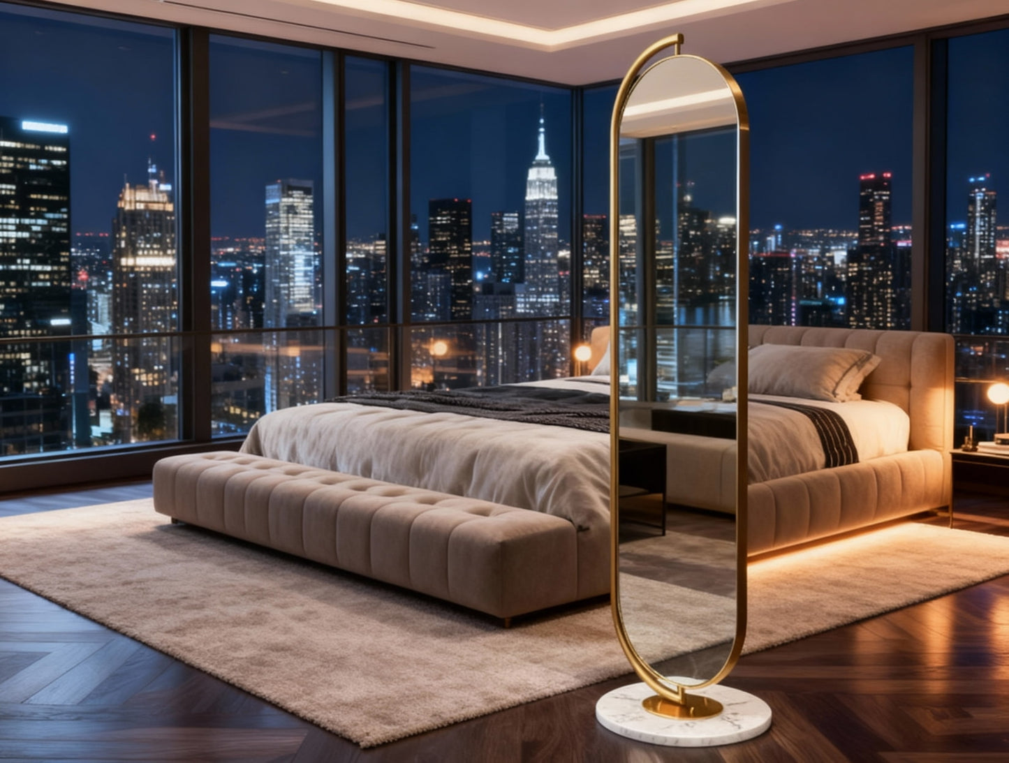 LUNA Standing Mirror with Gold Frame & natural marble base