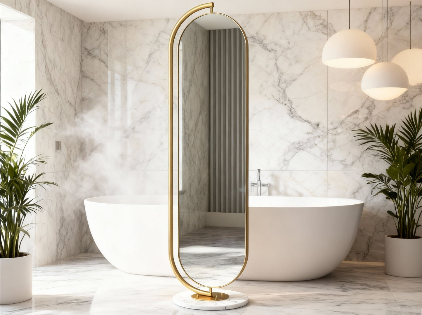 LUNA Standing Mirror with Gold Frame & natural marble base
