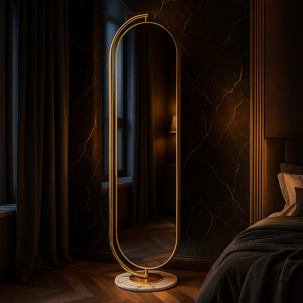 LUNA Standing Mirror with Gold Frame & natural marble base