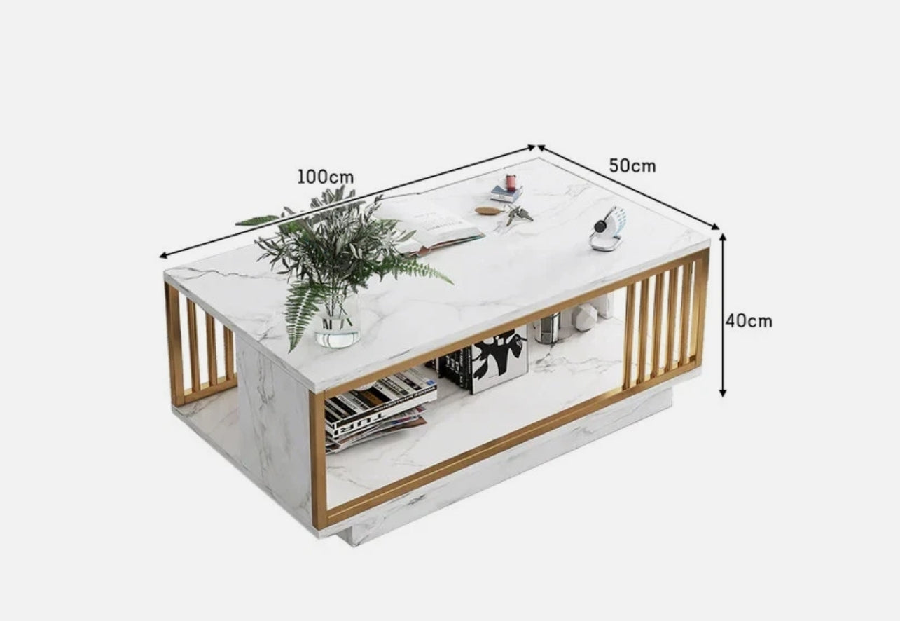 Marbella Luxe Marble Coffee Table — White Stone Finish & Gold Detail (100cm)