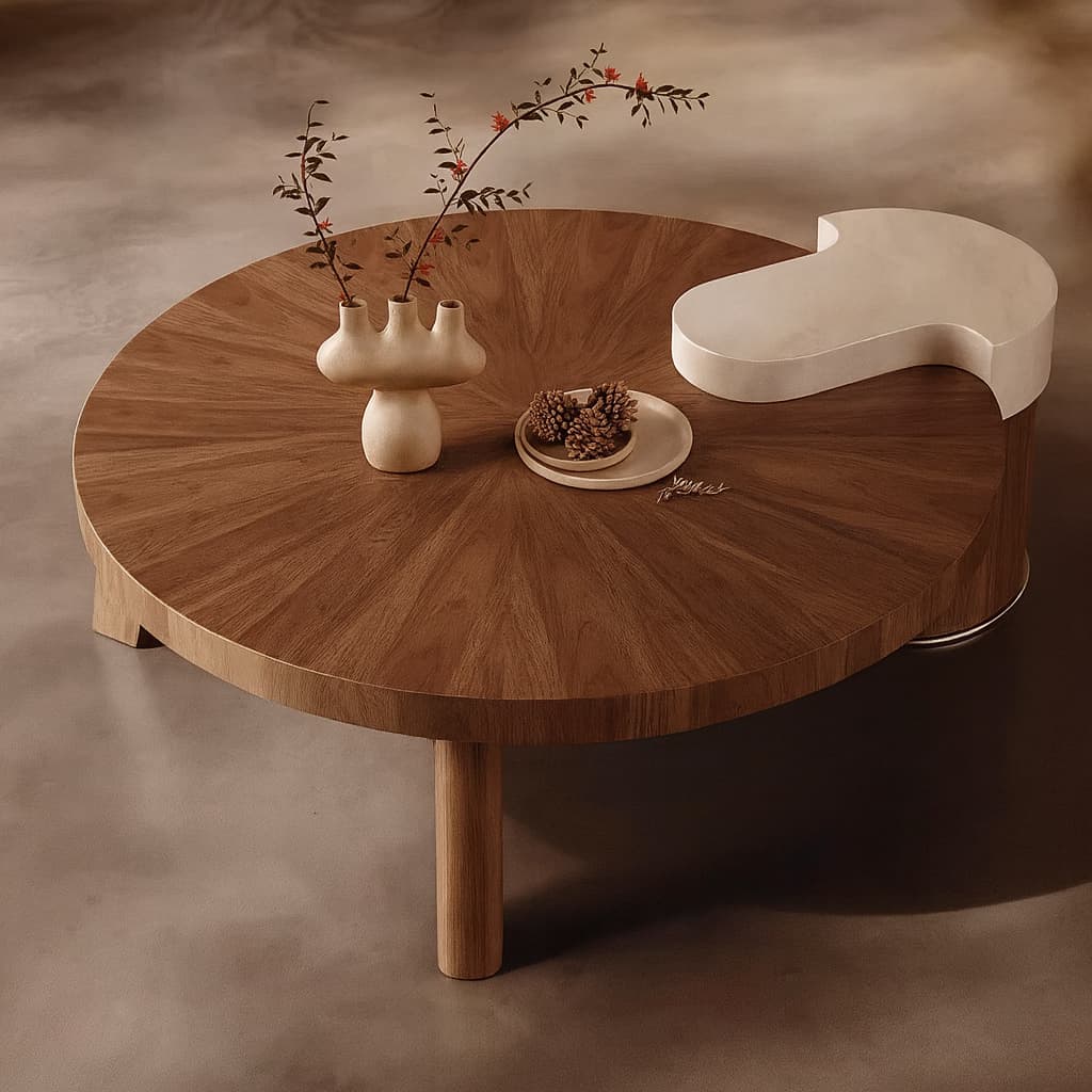 OBLIQUE Round Coffee Table – Solid Wood Walnut Veneer with Marble Accent