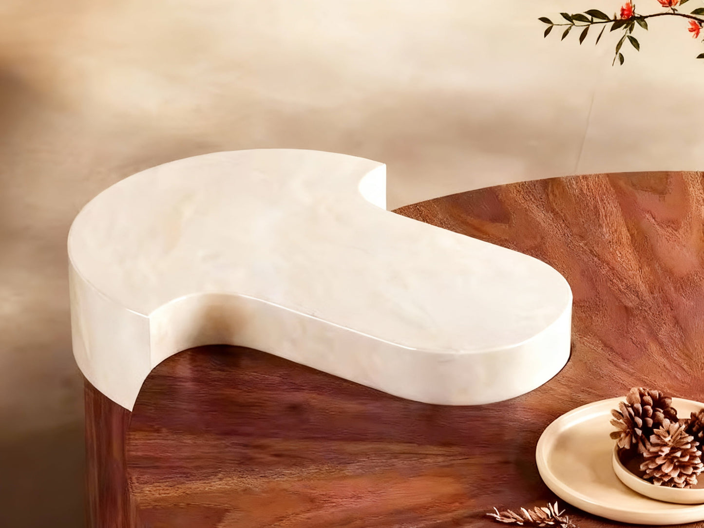 OBLIQUE Round Coffee Table – Solid Wood Walnut Veneer with Marble Accent