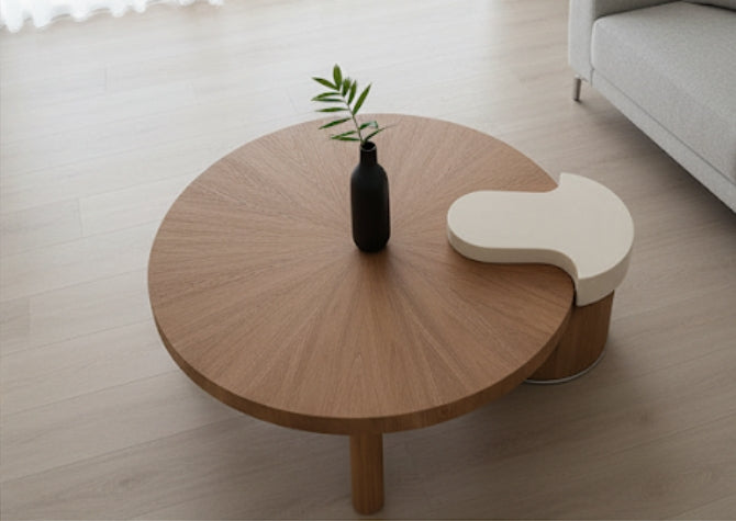 OBLIQUE Round Coffee Table – Solid Wood Walnut Veneer with Marble Accent