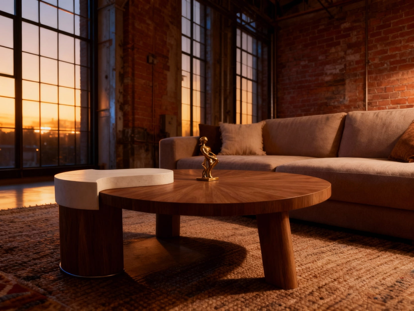 OBLIQUE Round Coffee Table – Solid Wood Walnut Veneer with Marble Accent