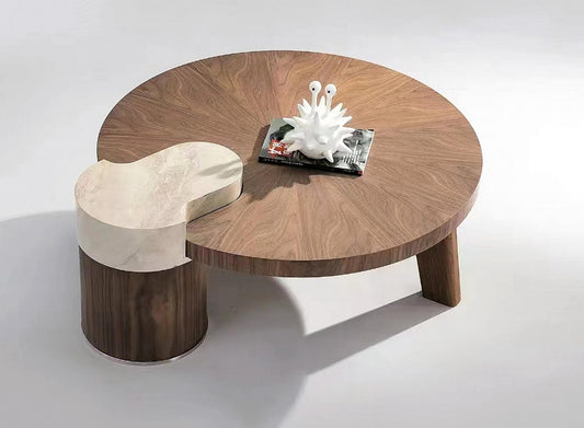 OBLIQUE Round Coffee Table – Solid Wood Walnut Veneer with Marble Accent