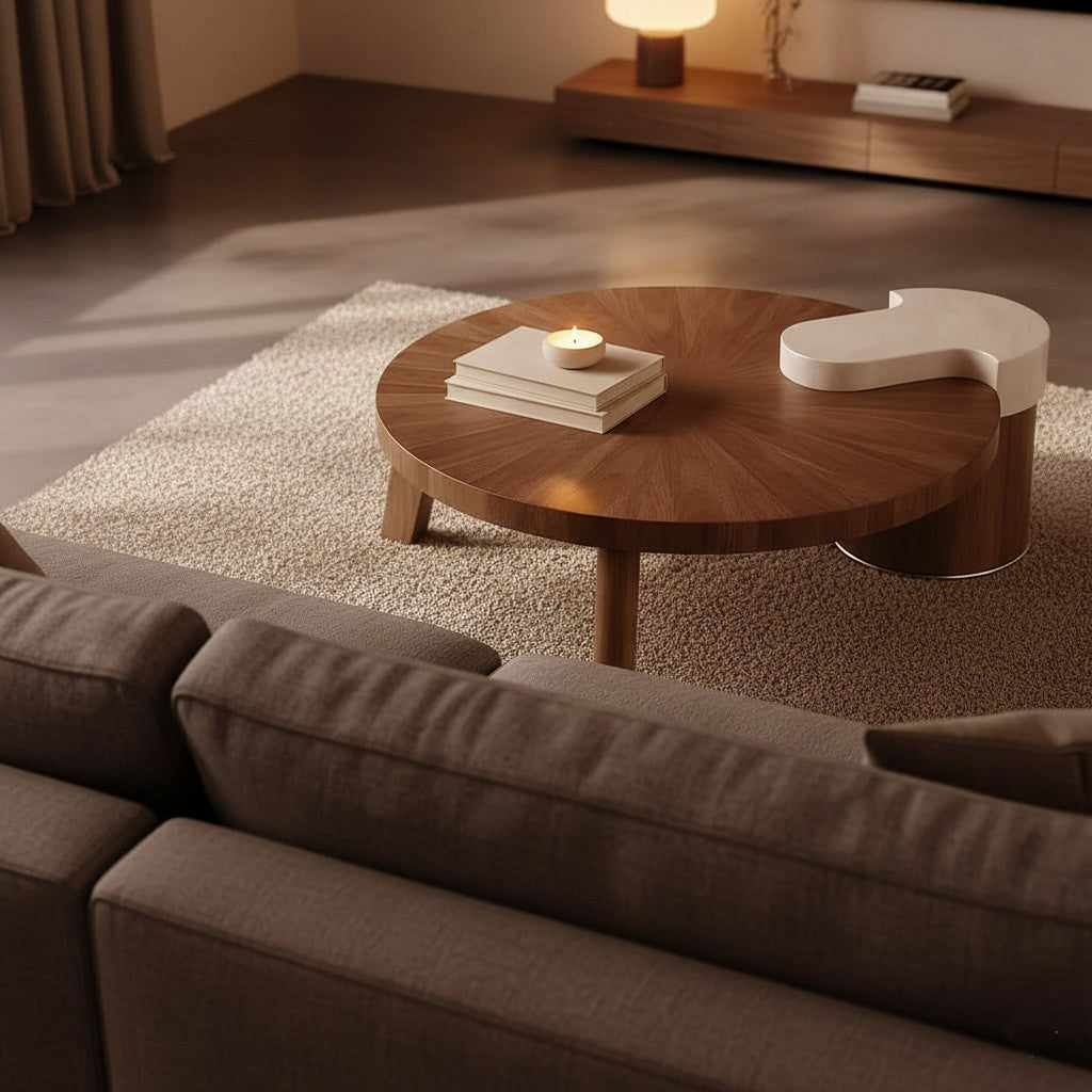 OBLIQUE Round Coffee Table – Solid Wood Walnut Veneer with Marble Accent
