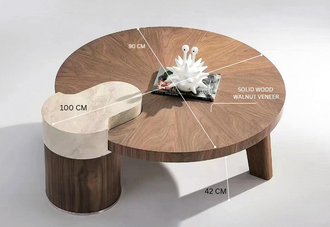 OBLIQUE Round Coffee Table – Solid Wood Walnut Veneer with Marble Accent