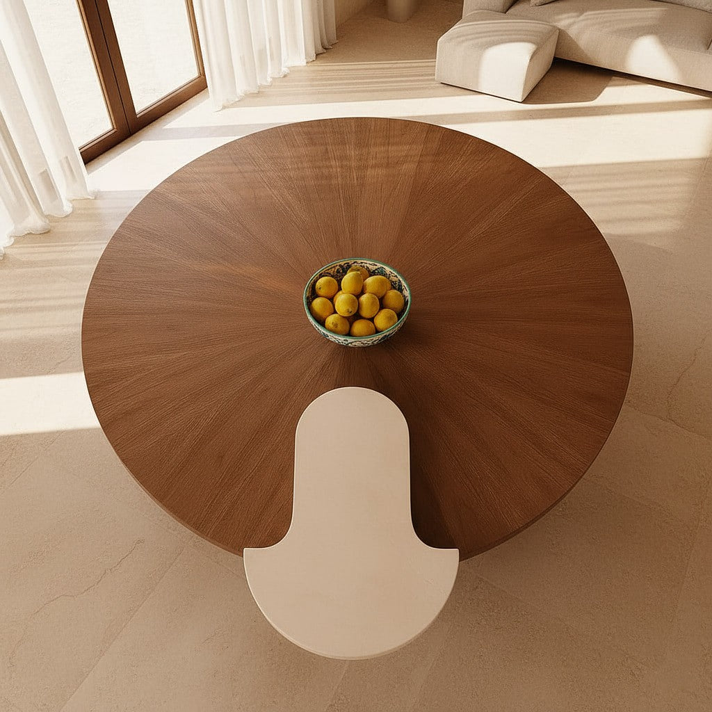OBLIQUE Round Coffee Table – Solid Wood Walnut Veneer with Marble Accent
