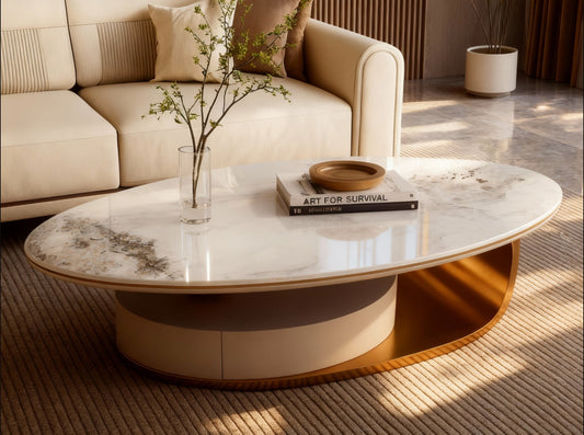 ORA Oval Coffee Table – Marble Top with Hidden Storage