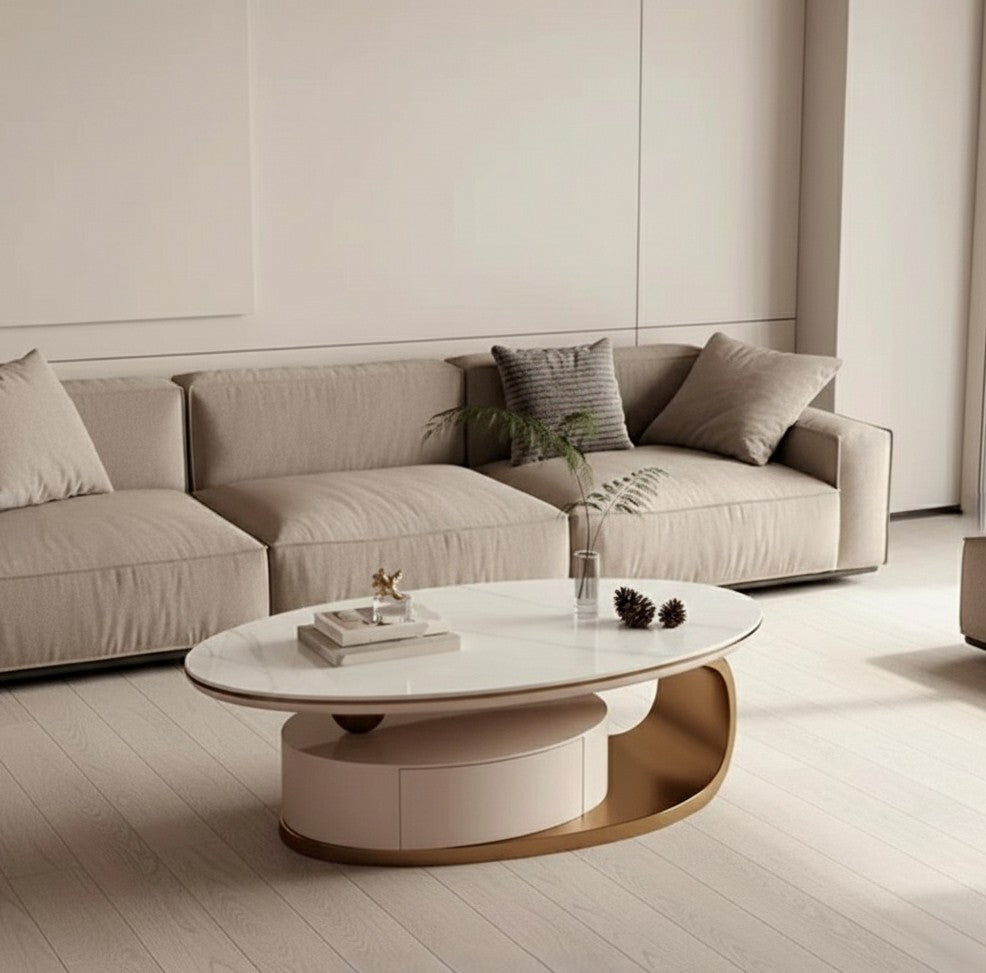 ORA Oval Coffee Table – Marble Top with Hidden Storage