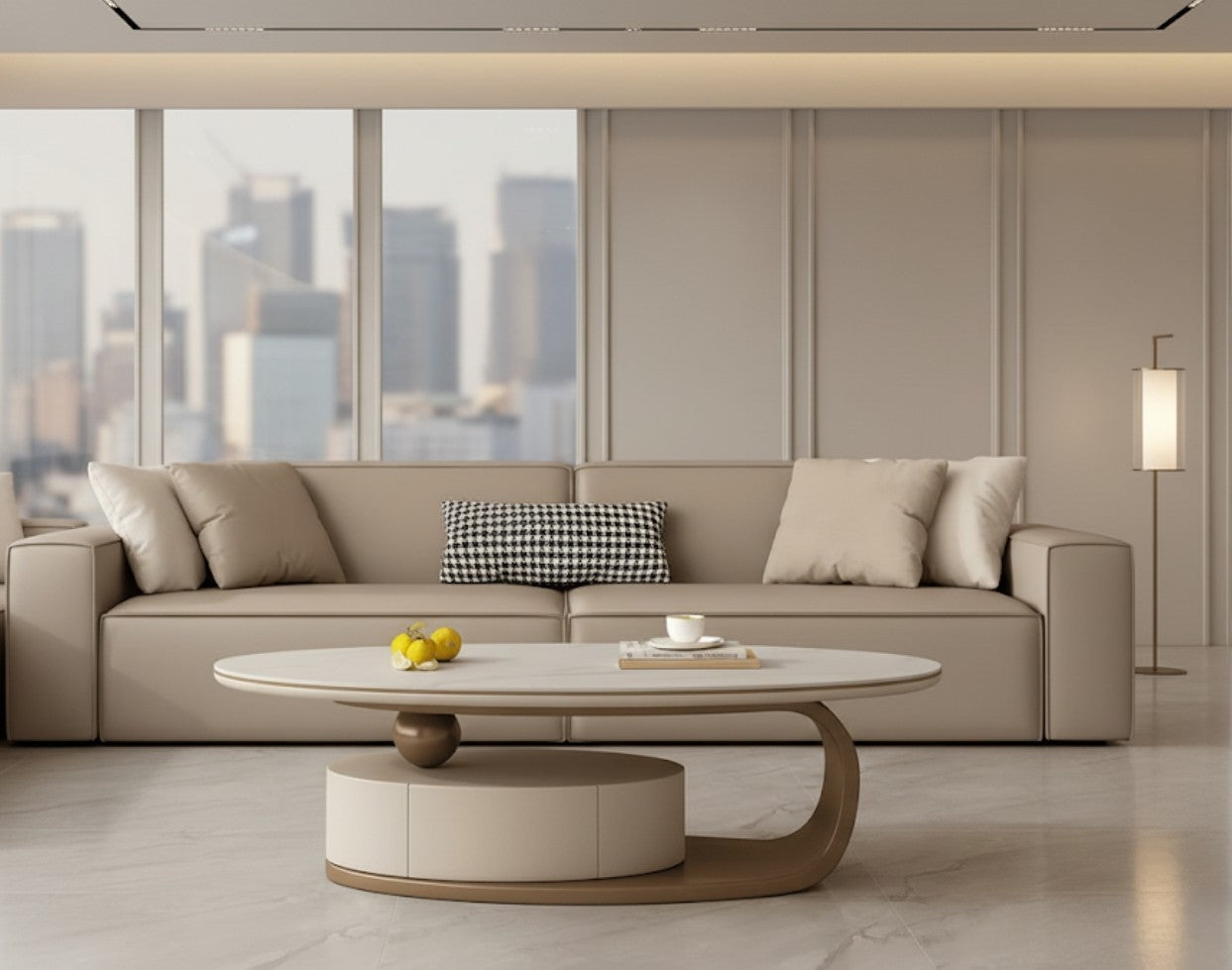 ORA Oval Coffee Table – Marble Top with Hidden Storage