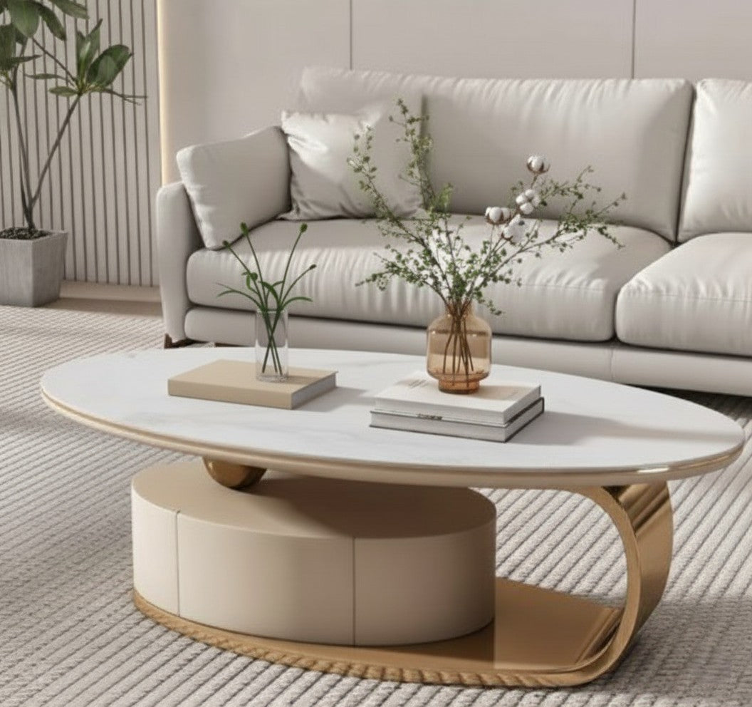 ORA Oval Coffee Table – Marble Top with Hidden Storage