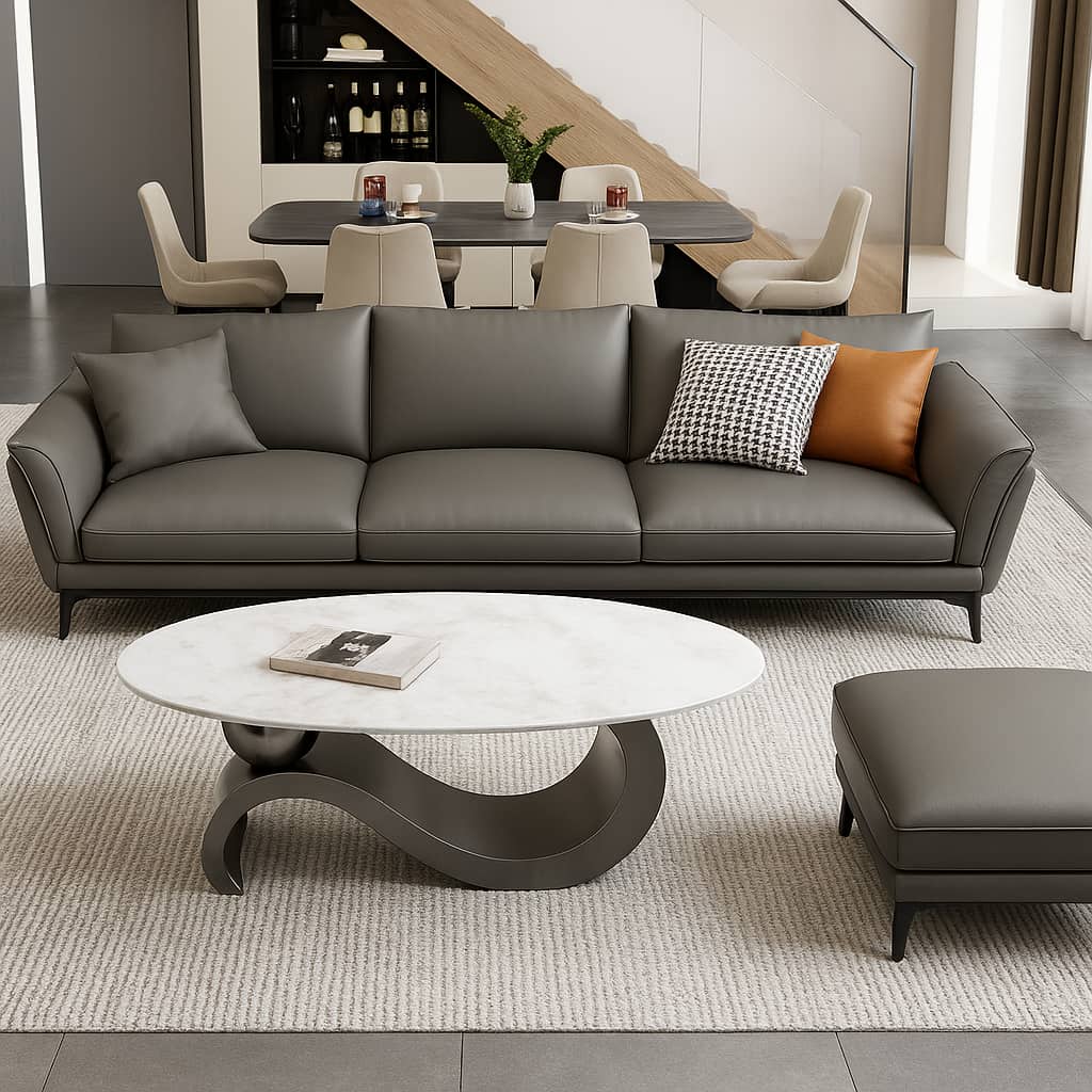 PLOMO Coffee & Side Table Set – Marble Top with Sculptural Steel Base