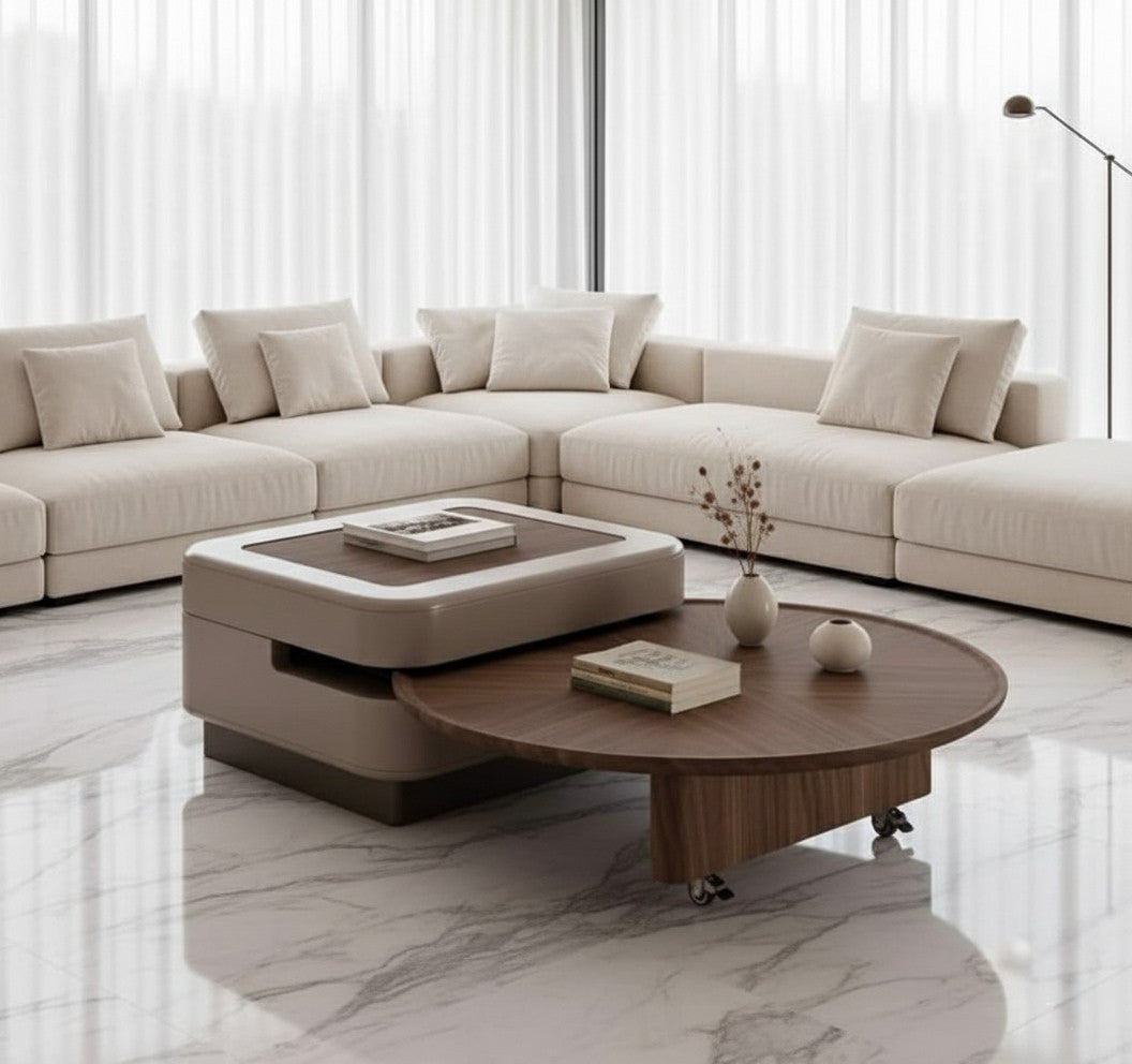 SCALA Coffee Table Set – Walnut Veneer with Hidden Storage & Lift-Top